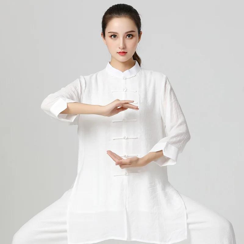 중국 한푸 여성 당나라 세트 명상 셔츠, 무술 의류, 선 착용 티 원피스, 중국 스타일